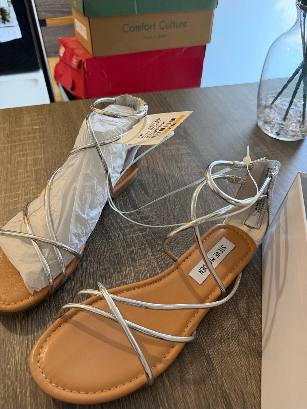 Steve Madden Metallic Silver Lace-Up Flat Sandals with Tan Footbed